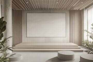 Modern interior design with a stage, plants, and minimalist decoration