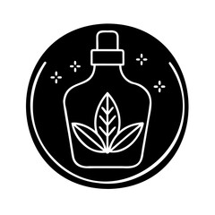 Natural Essential Oil Bottle with Leaves and Sparkles in a Circle