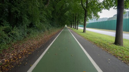 Fototapeta premium A peaceful, tree-lined cycling path featuring a green surface and bordered by grass, inviting outdoor enthusiasts to explore nature.