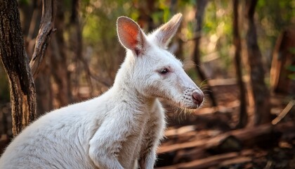 Fototapeta premium a white kangaroo is standing among trees and mud