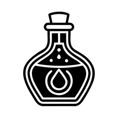 Magical potion bottle with a swirling liquid and a single drop inside a circle on a white background