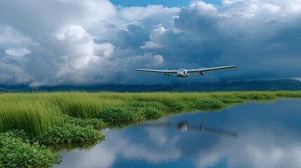 eco-friendly drone technology, shiny picture of self-governing drones spreading cloud-seeding materials and planting water plants in marshes under striking skies