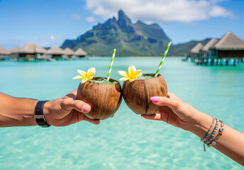 Hands holding tropical cocktails with island backdrop. A refreshing close-up evokes paradise. Dream vacation, exotic destination, luxury travel.