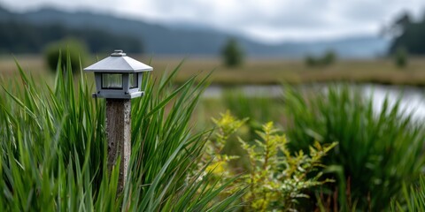 technological wetland monitoring, a tall beacon pole with digital sensors and blinking lights stands at the edge of a swamp, with blurry green rehabilitation zones behind it