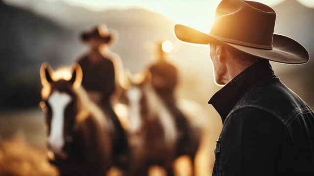 Close-up of a cowboy wearing a hat against the backdrop of other riders and the setting sun. Western romance and a sense of unity.