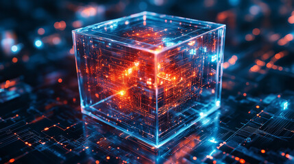 artificial intelligence core inside a translucent glowing cube on a digital circuit board