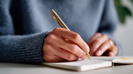 Close-up of hands writing affirmations in a gratitude journal, promoting positive self-talk. Self-care, reflection. Peaceful, mindful.
