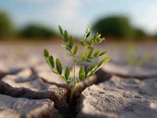 Conceptual image: A delicate plant growing from a cracked, parched earth, symbolizing resilience against climate change. Adaptation, hope. Stark, powerful.