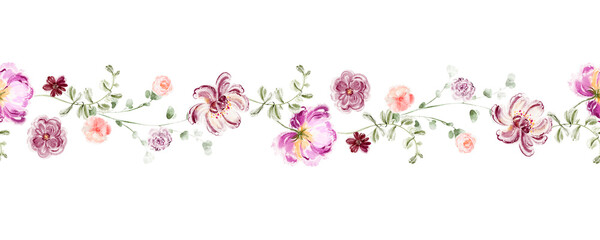 Fototapeta premium Horizontal seamless floral border with pink and lilac peonies. Watercolor flower arrangement for printing, banner, wallpaper, stationery, template, invitation, and greeting card.