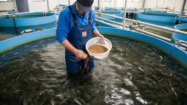 Feeding process in fish farming: worker distributes food in aquaculture tanks