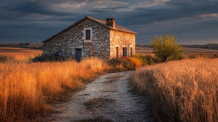 Old stone house in a golden field under a dramatic sky at sunset