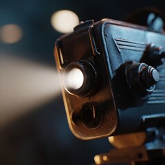 Obraz premium Close-up of a vintage film projector casting light, evoking nostalgia for classic cinema. Retro, history. Warm, atmospheric.