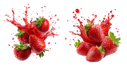 Delicious strawberries juice splash on transparent background, cutout 