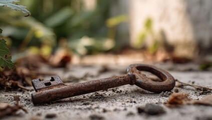 Rusty antique key on dusty ground