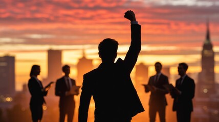 A silhouette of a victorious figure against a sunset, surrounded by professionals in a cityscape, symbolizing achievement and teamwork.