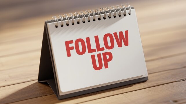 A desk calendar with "FOLLOW UP" printed in bold red letters, resting on a wooden surface, emphasizing the importance of reminders and tasks.