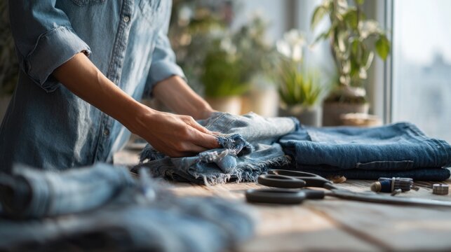 Creative upcycling of denim fabrics for sustainable fashion and diy projects,National Sewing Month - Powered by Adobe