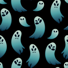Seamless pattern with funny ghosts. Scary toothy faces. Vector illustration on a black background. Colors with gradient transitions. 
Halloween design. Phantoms fly up.