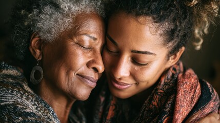 Obraz premium african daughter hugging her mum indoors at home main focus on senior mother face mom day and family love concept no logos no brands ar 169