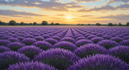Fototapeta premium Lavender Field Under a Golden Sunset Sky Oil Painting Impressionism