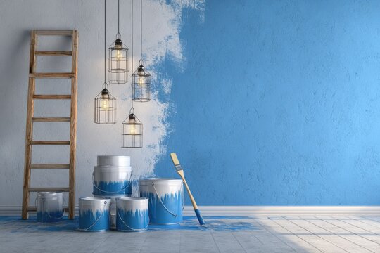 Interior room, half painted blue, with paint cans, ladder, and hanging lights