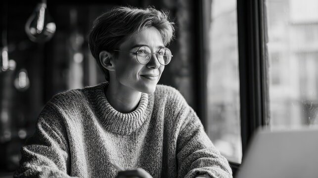 optimistic clever freelancer or financial manager notices something funny at window works on business report draws graphics dressed in casual sweater round spectacles people work ethnicity no logos n