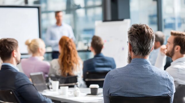 Attendees listen attentively to a speaker leading a corporate training session in a bright, modern office space filled with large windows and engaging visuals.
