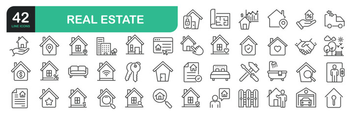 Set Of Real Estate Line Icons. Contains such icons as House, Home, Mortgage, Plan, Real Estate Insurance, Real Estate Agent, House Key, Domestic Life, Real Estate Construction, Relocation, and more.