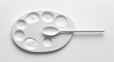 Oval white ceramic art palette with a white plastic spoon