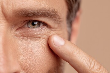 Close-up of a man touching the under-eye area, examining skin condition.