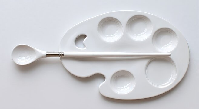 A high-angle, close-up view of a white ceramic artist's palette, a paintbrush, and a spoon. The palette has divots for color mixing - Powered by Adobe