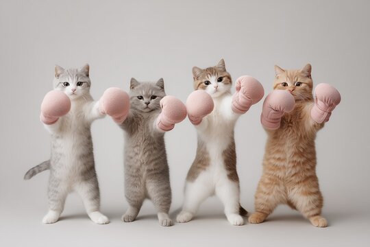 Row of cats wearing boxing gloves in playful fighting poses.