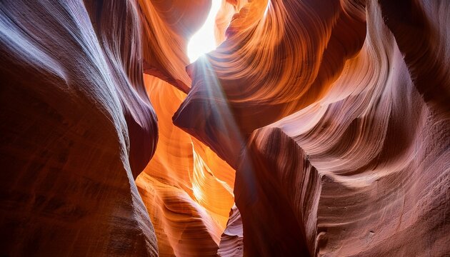 sunlight pierces the sculpted walls of antelope canyon illuminating sandstone waves with ethereal beams and painting a breathtaking masterpiece of natural light and color