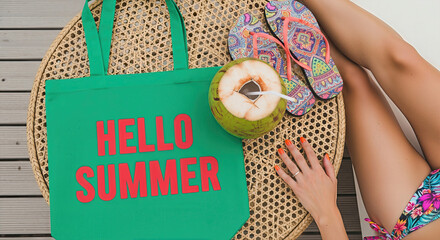 Woman relaxing by the pool with a drink and summer accessories. A vibrant flat lay capturing vacation vibes. Tropical getaway, poolside relaxation, beach lifestyle.