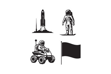 Space exploration icons rocket astronaut rover and flag