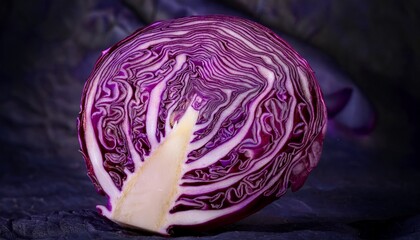 Obraz premium cabbage cross section a macro shot of a vibrant freshly cut red cabbage reveals its intricate internal layers and textures inviting viewers into the crisp world of healthy eating