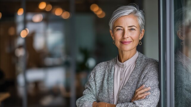 portrait of middle aged businesswoman in modern office looking at camera confident business woman with arms crossed standing while leaning against glass wall proud woman smiling in with copy space no