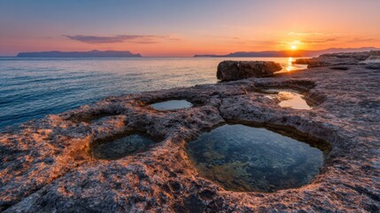Vibrant sunset colors reflect on calm ocean waters beside unique rock formations with shallow pools. Distant mountains create a stunning backdrop at this peaceful coastal location.