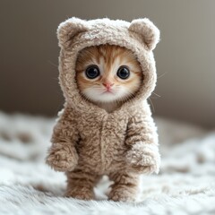 Fototapeta premium Adorable fluffy kitten wearing a cute bear costume with big innocent eyes