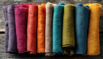 Colorful fabric swatches arranged in a beautiful gradient pattern showcasing a vibrant array of hues for creative design inspiration