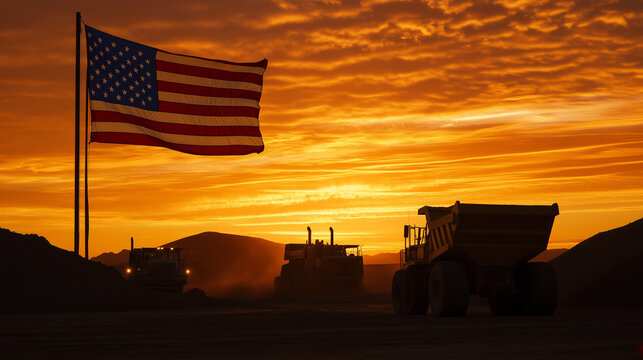Bulldozers and dump trucks at sunset on labor day concept or construction work 
