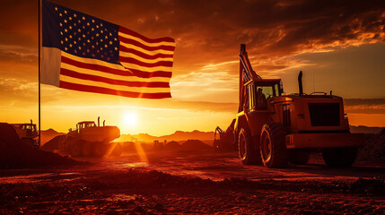 Construction site with bulldozer, excavator, and American flag at sunset on labor day working tribute
