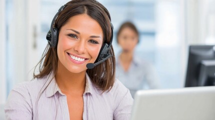 A young woman wearing a headset smiles while assisting customers from her desk. Another colleague works on a computer in the background, highlighting a collaborative workplace atmosphere.