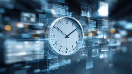 future technology and time management concept  clock and virtual screen no logos no brands ar 169