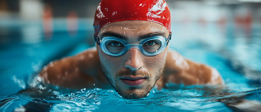 Athlete in a swimming pool with goggles and swimming cap. Useful for articles about sports, advertising of sports goods and fitness centers. - Powered by Adobe