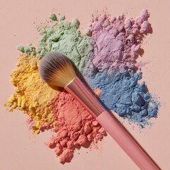 a set of colorful loose powders and a pink makeup brush arranged on a pastel pink background
