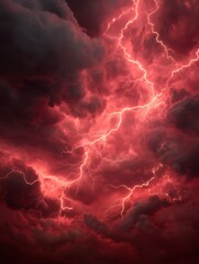 dramatic red and black background of lightning striking through stormy clouds for energy power danger electric concept