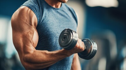 A strong man is performing bicep curls with a dumbbell, showcasing his well-defined arm muscles. The gym setting highlights his dedication to fitness and strength training.