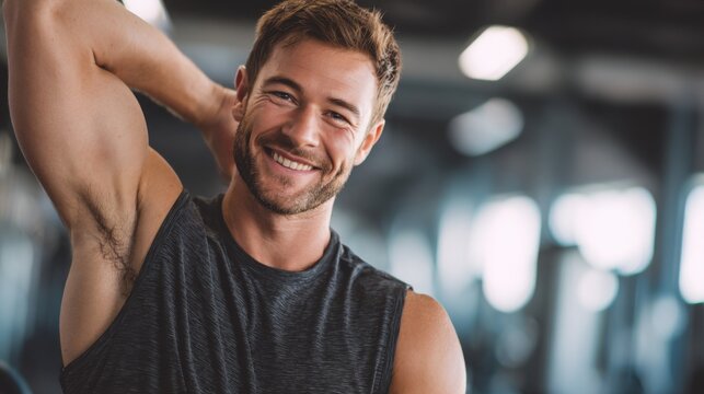 A man in a sleeveless top shares a joyful smile as he stretches his arms in a modern gym. This moment captures the essence of fitness and well-being.