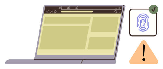 Laptop interface with secured fingerprint authentication and alert warning. Ideal for online safety, data protection, risk management, cyber threats, secure access, IT solutions, simple flat metaphor